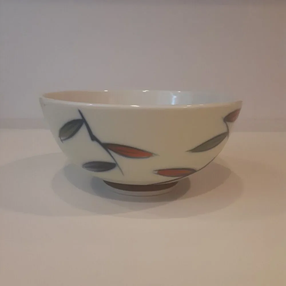 Asian Stoneware Bowl Handpainted Leaf Pattern Serverware